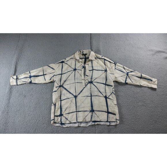 Massimo Dutti Womens Shirt S Tunic Half Button Geometric Blue Tan Cotton - Picture 1 of 7